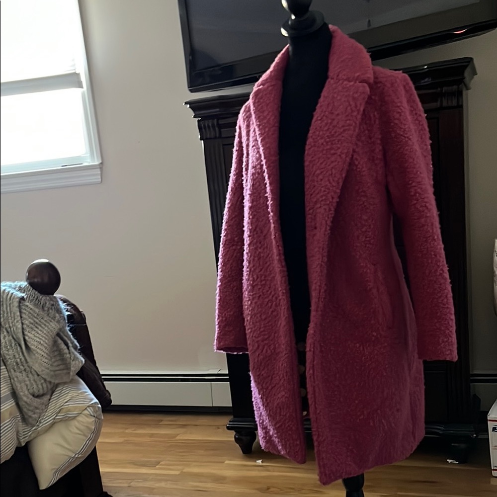 Pink Shawl Collar Cardigan Coat with Knitted Texture